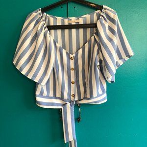 Blue and white striped tie front shirt